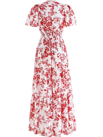 Tiered Floral Notched Short Sleeve Dress